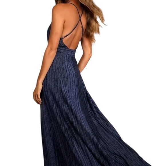 NWT Lulus Stunner Shiny Metallic Backless Maxi Dress Blue Prom Homecoming Size S - Picture 14 of 14